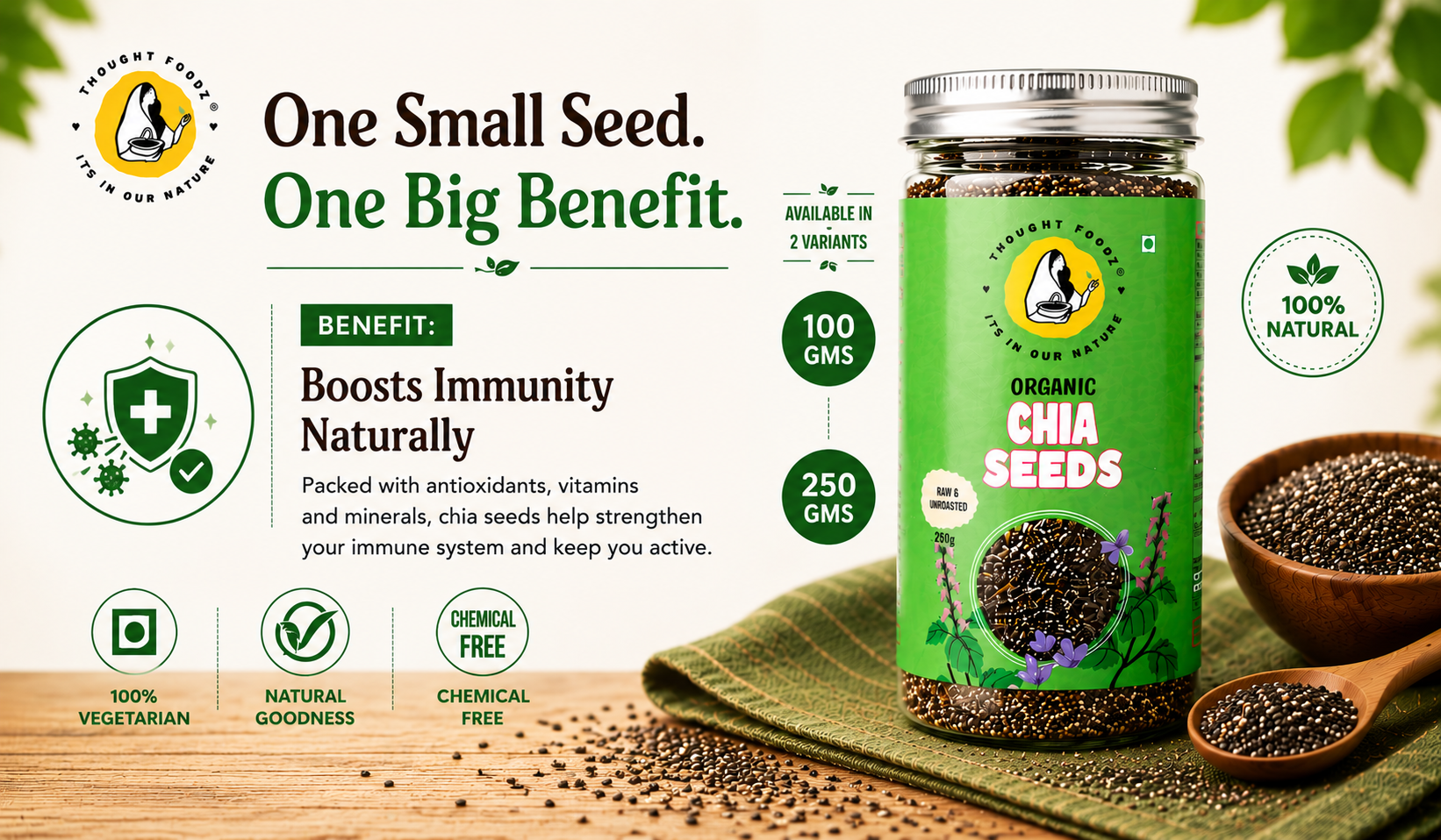 ThoughtFoodz Chia Seeds – 100% Organic & Raw Superfood | High in Omega-3, Fiber & Protein | Ideal for Weight Loss, Digestion & Energy(250gms)