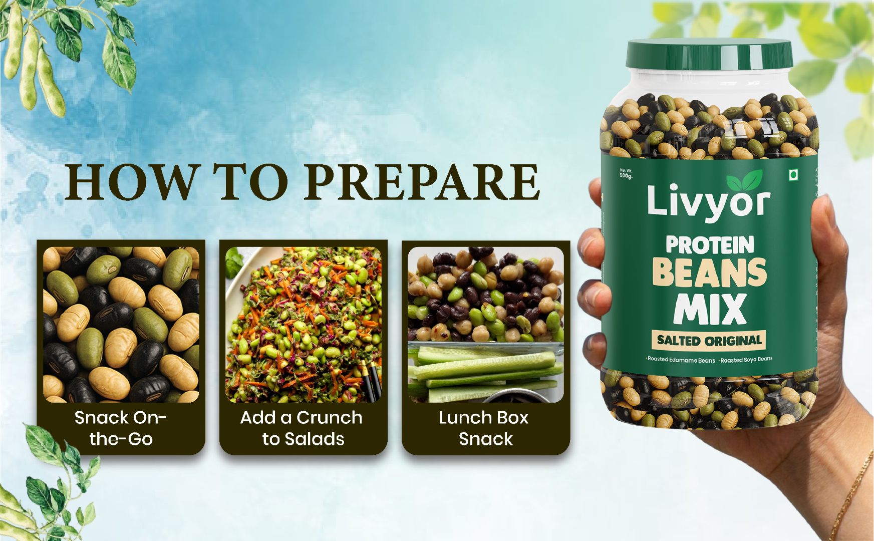 Livyor Roasted Protein Beans Mix - 150g | SoyaBeans | Edamame beans | Black Beans | Roasted Not fried | Healthy and Tasty snack | No Added Sugar | No preservatives | Pack of 1