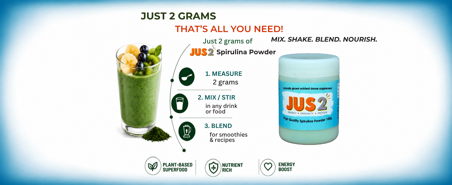 JUS2 Spirulina Powder, Energy Immunity Protein Supplement, 100g