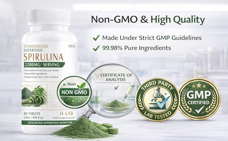 HXN Organic Spirulina Powder Tablets | Organic Spirulina Supplement for Detox, Energy, Immunity and Daily Support 60 Tablets