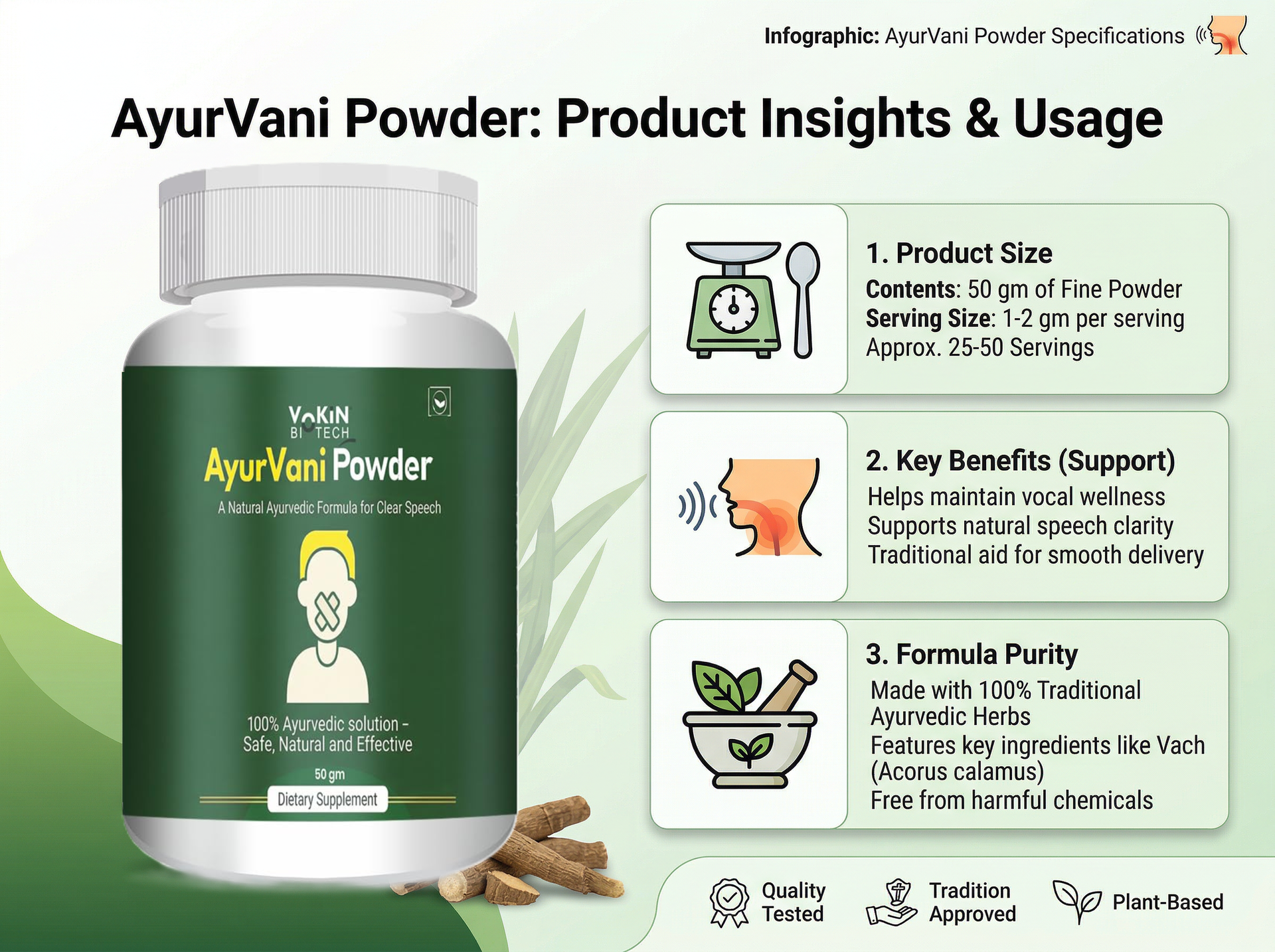 Vokin Biotech AyurVani Ayurvedic Powder 50g | Herbal Blend with Brahmi, Shankhpushpi & Shatavari | Natural Dietary Supplement | Pure Ayurvedic Formula