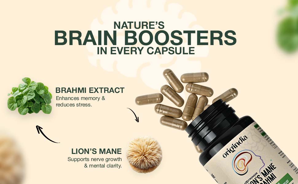 Lions Mane Brahmi Supplement, Brain Supplement Vegan Capsules with Lion's Mane Mushroom & Brahmi Extract for Memory Booster, Focus & Cognitive Support, Mind & Mood Enhancer, Pack of 1, 60 Capsules