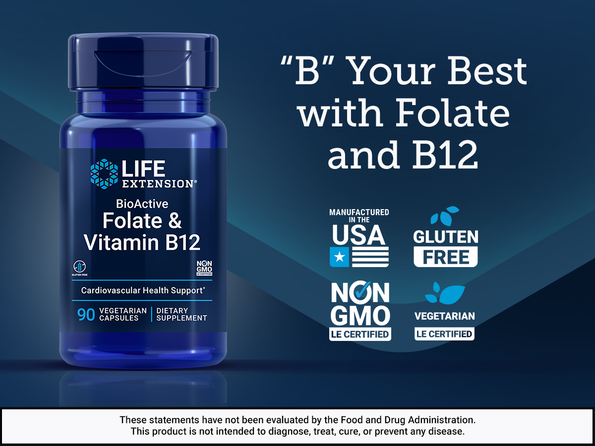 Life Extension BioActive Folate and Vitamin B12, Heart Health, 90 Capsules