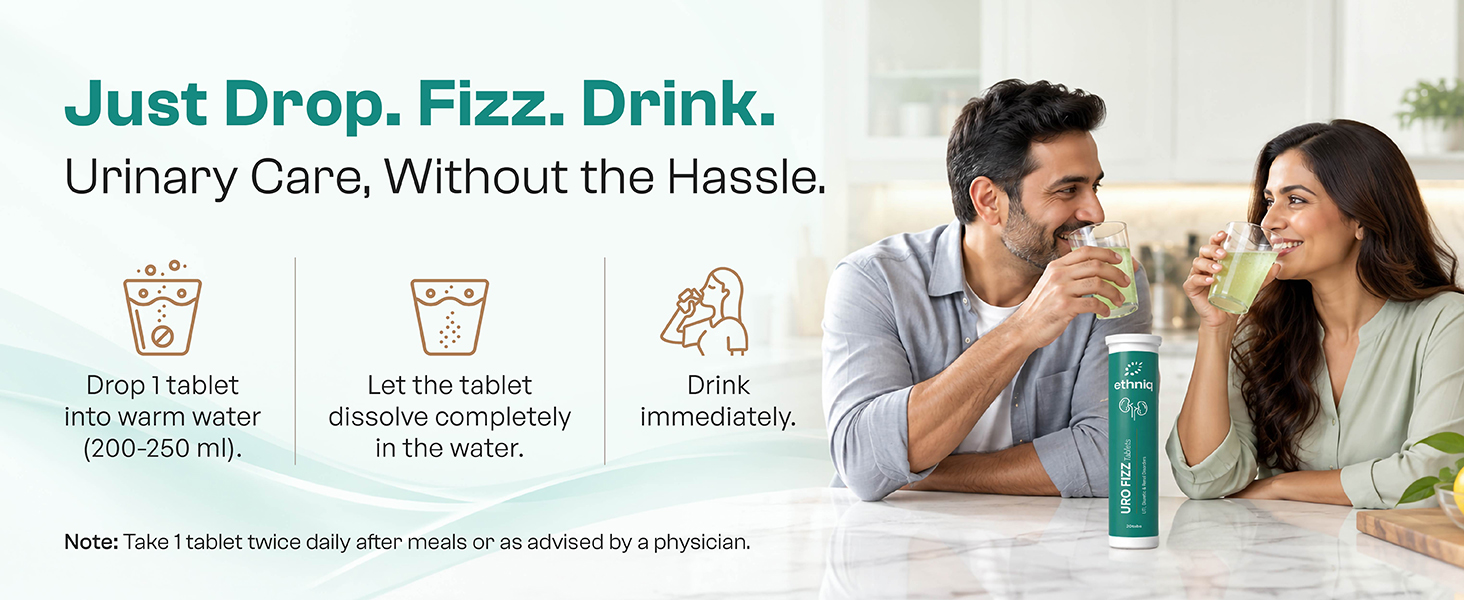 Ethniq Uro Fizz Effervescent Tablets for Kidney Health & Urinary Wellness, Herbal Formula with Punarnava, Pashanbhed & Gokhru, Natural Diuretic Support for Healthy Urine Flow & Urinary Comfort for Men & Women | Fast Dissolving | AYUSH Approved | 20 Tablets
