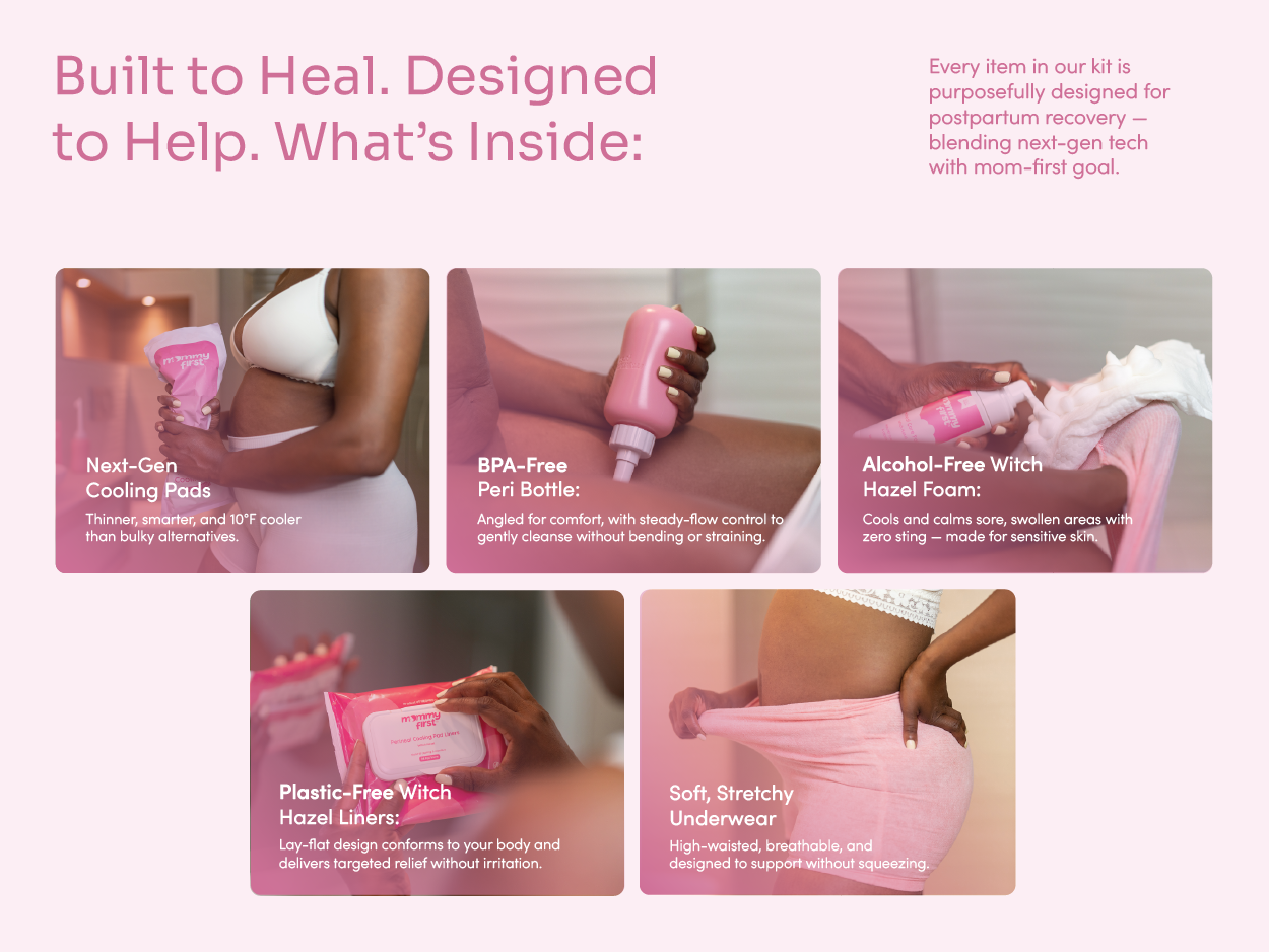 Mommy First® Postpartum Essentials Recovery Kit – Next-Gen Perineal Ice Packs, Alcohol-Free Witch Hazel Healing Foam and Liners, Upside Down Peri Bottle & Postpartum Underwear for Postpartum Recovery