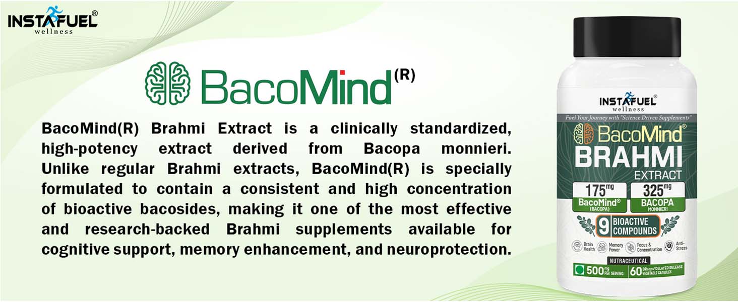 Instafuel BacoMind® Brahmi Capsules | Brain Booster Supplement | Memory, Focus & Concentration Support | Bacopa Monnieri Extract for Cognitive Health & Mental Clarity - 60 Count