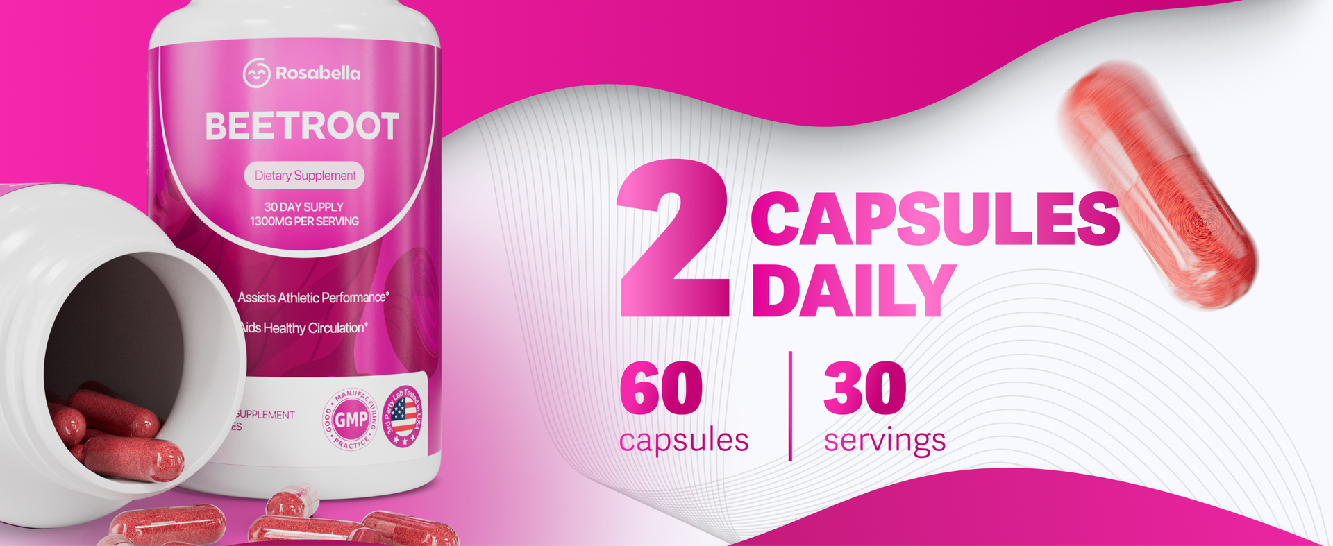 Rosabella Organic Beet Root Capsules - 1300mg Beet Root Powder Aids Healthy Circulation & Vitality, Non-GMO, Beet Root Supplement - 60 Capsules, 30-Day Supply