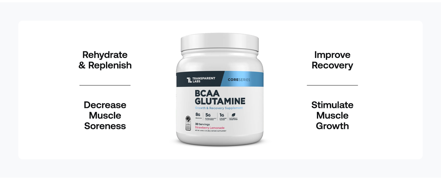 Transparent Labs BCAA Glutamine - 8000 mg of BCAA Powder Per Serving with L Glutamine for Post Workout Recovery, Muscle Growth, & Increased Endurance - 30 Servings, Strawberry Lemonade