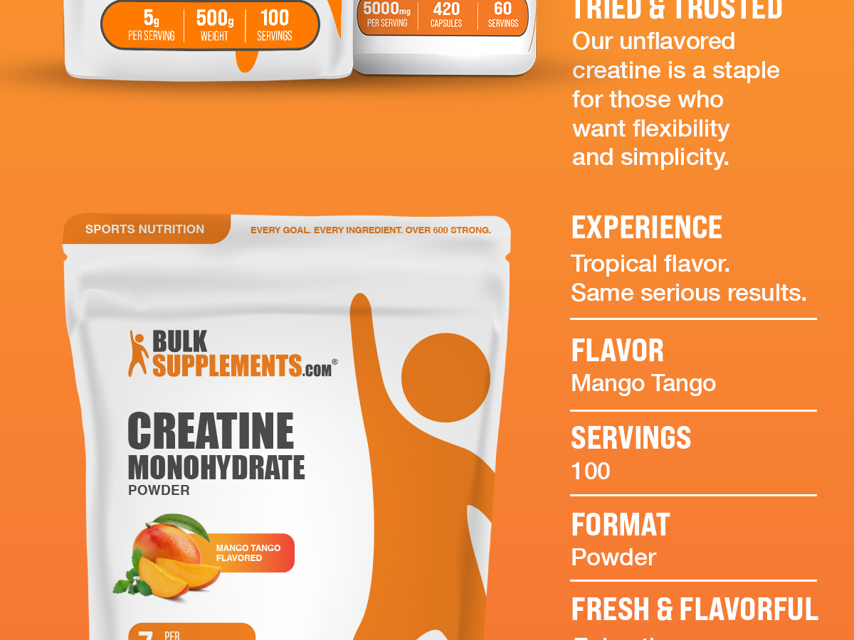 BulkSupplements.com Creatine Monohydrate Powder - Creatine Flavored Powder Supplement, Micronized - Mango Tango Flavor, 7g per Serving, 700g (1.5 lbs) (Pack of 1)