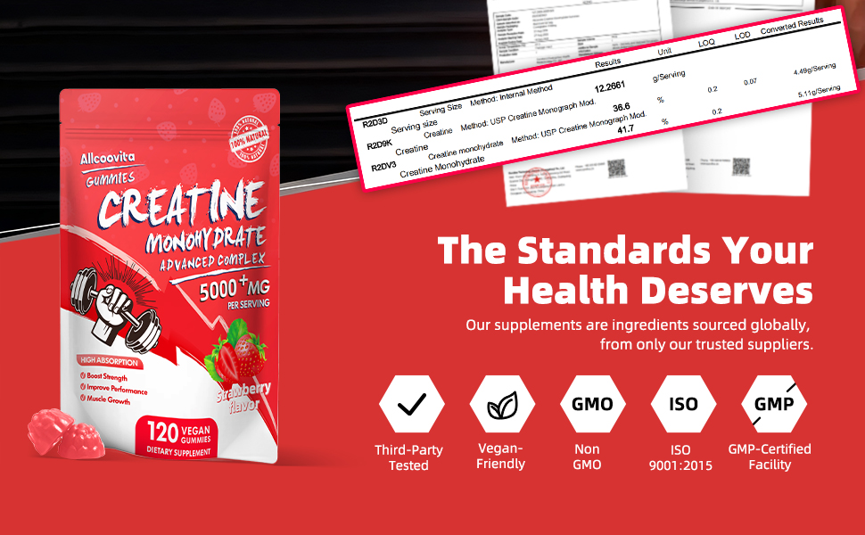 NSF Certified Creatine Gummy - Creatine Monohydrate Gummies 5000mg for Men & Women -120 Gummies Advanced Formula, Muscle Strength, Muscle Builder, Energy Boost, Pre-Workout Supplement-Strawberry