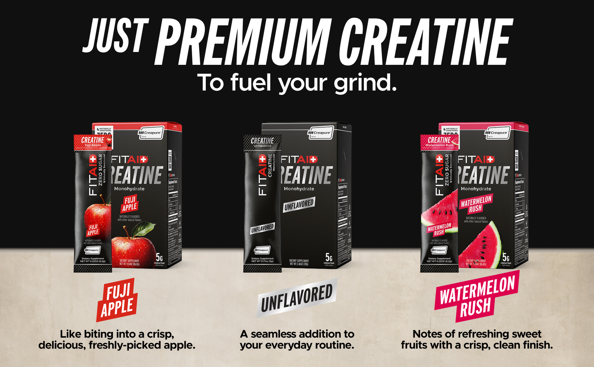 FITAID Creatine Powder, CreaPure Fuji Apple (14 Stick Packs)