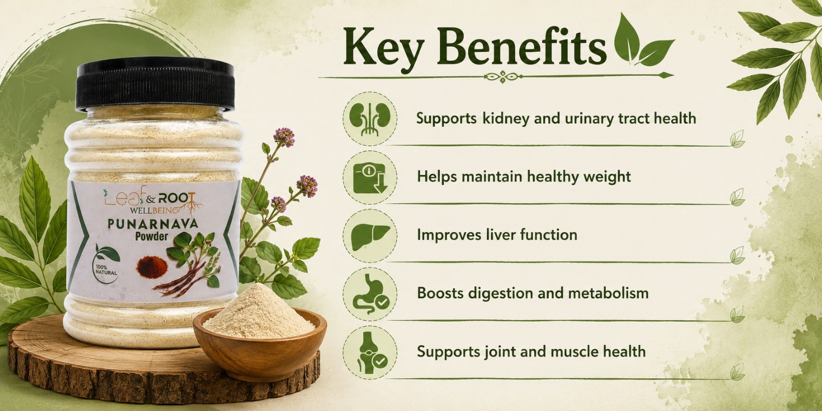 Leaf & Root Wellbeing Punarnava Powder 100g | 100% Pure Boerhavia Diffusa Root Powder | Natural Ayurvedic Herbal Supplement | Traditional Wellness | Plant-Based | No Added Sugar, Preservatives or Artificial Colors