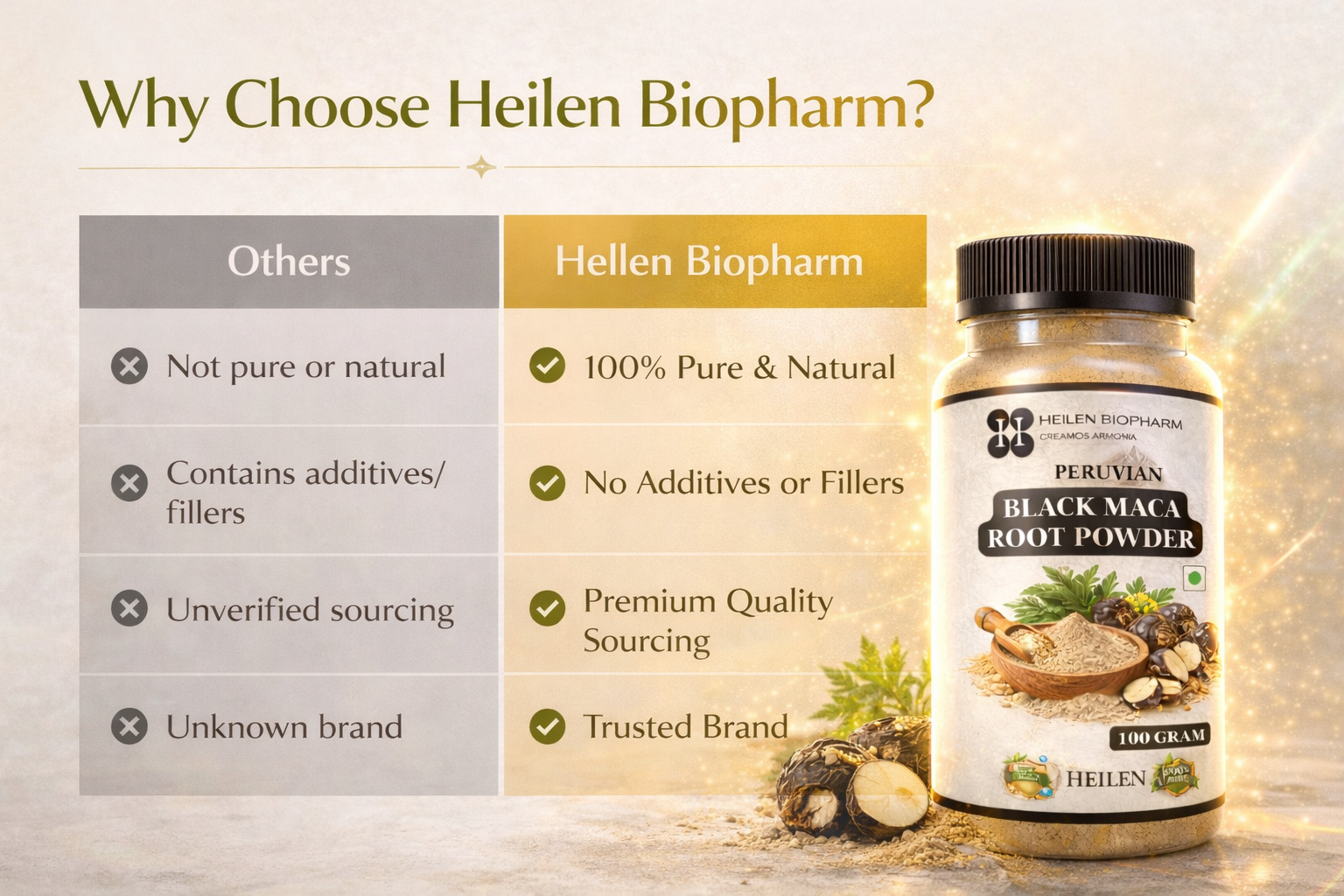 Heilen Biopharm Peruvian Black Maca Root Powder | Traditional Herb for Stamina & Energy Support | 100g Pack of 1 | Plant-Based Supplement | No Preservatives