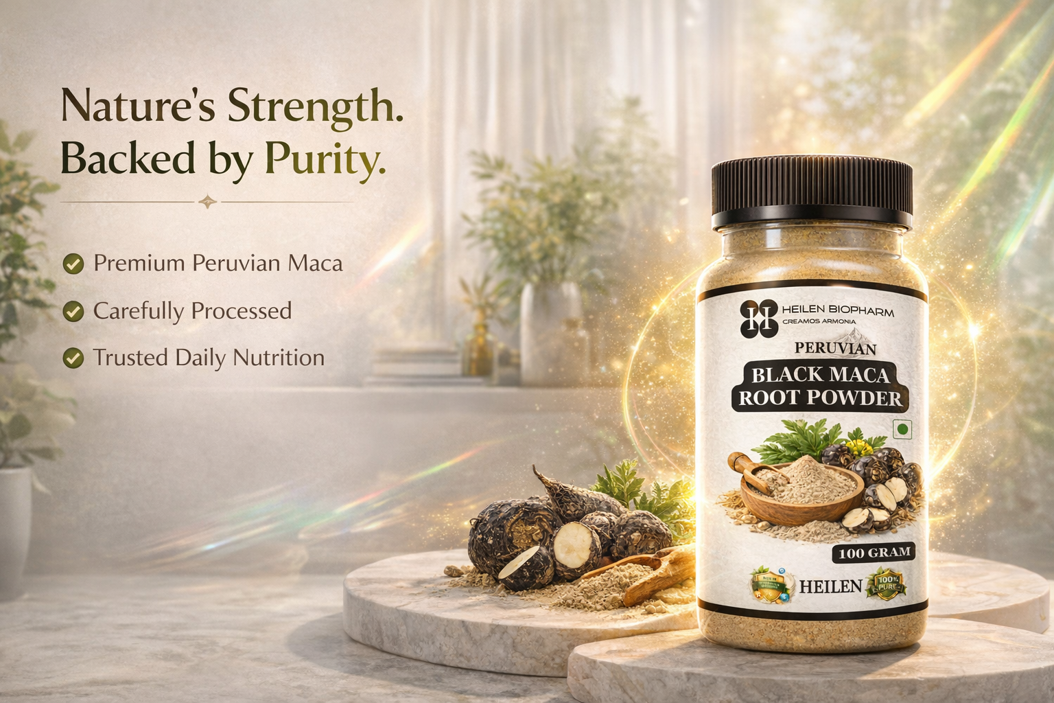 Heilen Biopharm Peruvian Black Maca Root Powder | Traditional Herb for Stamina & Energy Support | 100g Pack of 1 | Plant-Based Supplement | No Preservatives