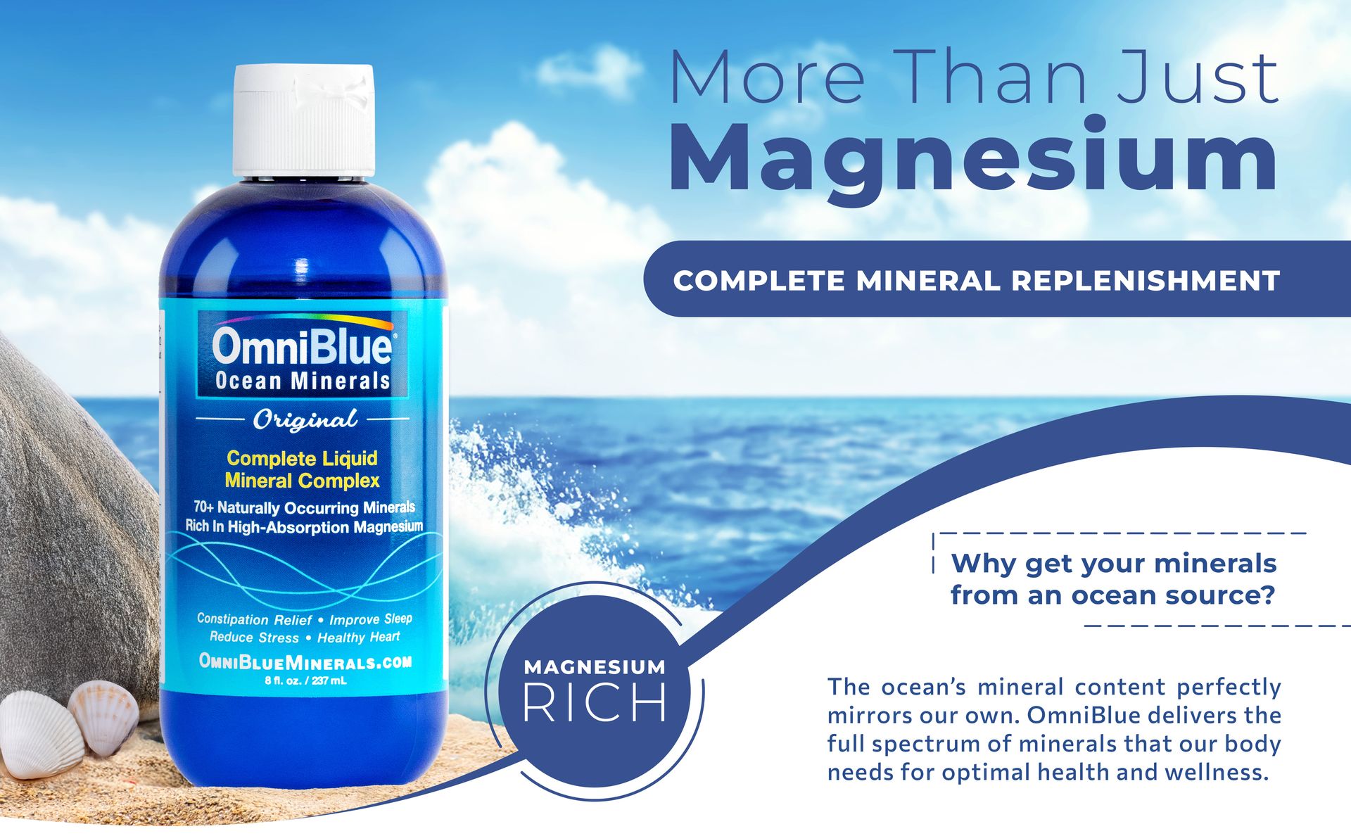 OmniBlue Ocean Minerals - 70+ Trace Minerals & Liquid Magnesium - Potassium, Chloride- Low Sodium - Natural Support for Sleep, Digestion, Regularity, Hydration & Electrolyte Balance (8 oz)