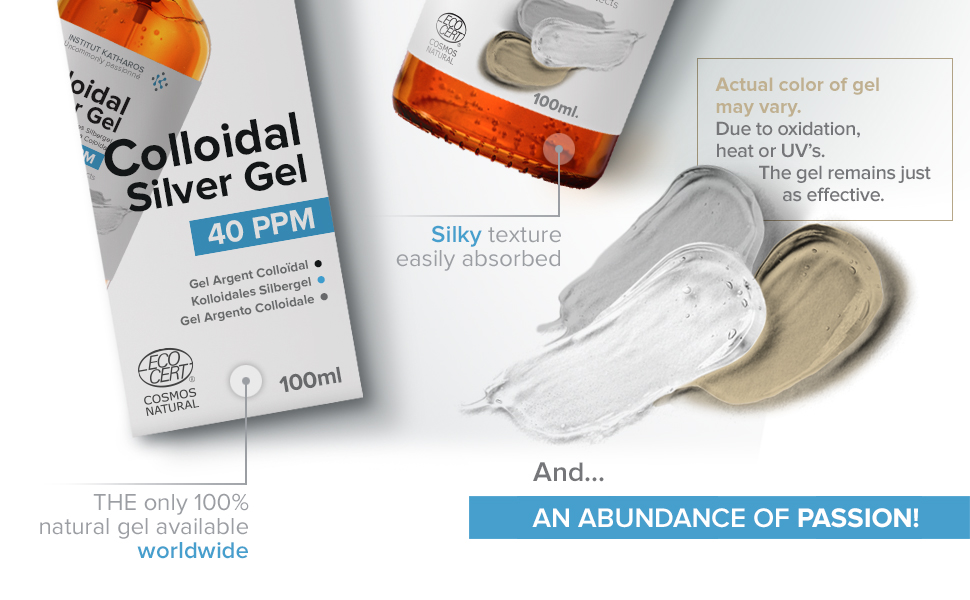 Pure Colloidal Silver Gel 40 PPM • 100% Natural and only 3 Ingredients • Optimal Texture and Absorption (Better Than Creams) • Amber Glass and Ultra-Practical Pump • Ebook Included • Institut Katharos