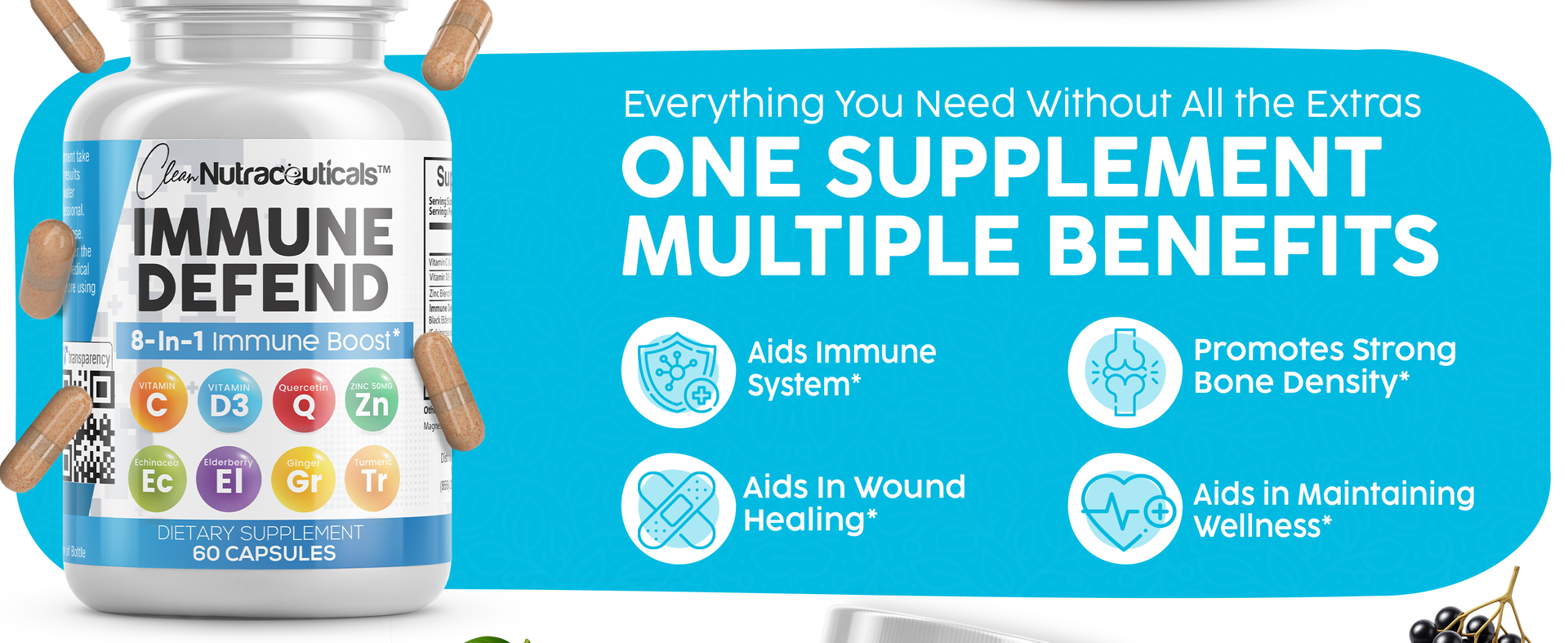 Clean Nutraceuticals Immune Defense Support Supplement 8 in 1 with Zinc 50mg Quercetin, VIT C 1000mg, Vitamin D3 5000 IU, Elderberry, Ginger - Immunity System Booster for Adults, Vegan - 60 Count