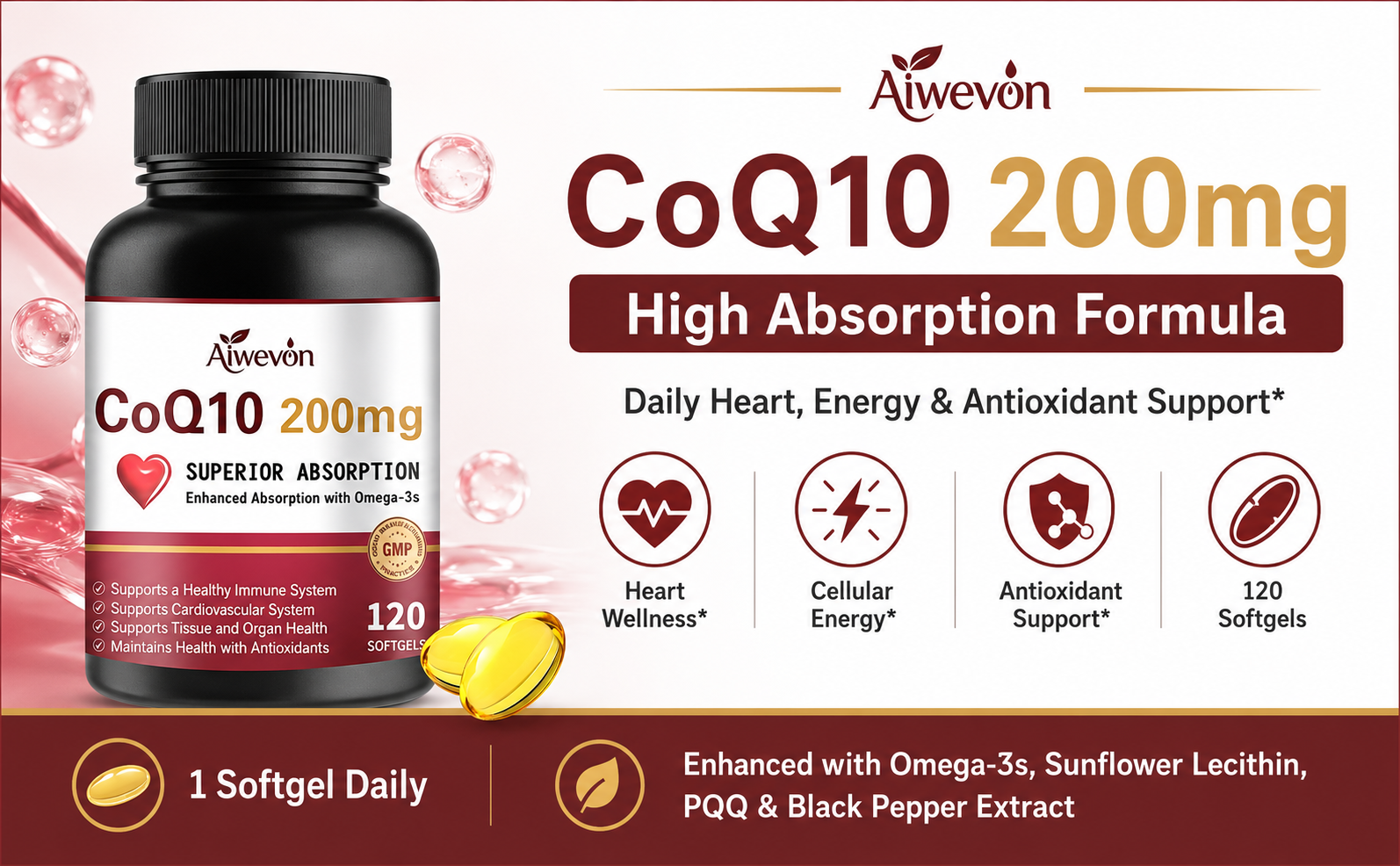 CoQ10 200mg Softgels with PQQ & Omega 3, Coenzyme Q10 Ubiquinone Supplement, 120 Count, Co Q10 200 mg with Black Pepper Extract & Lecithin, Antioxidant Support, Cellular Energy & Heart Health