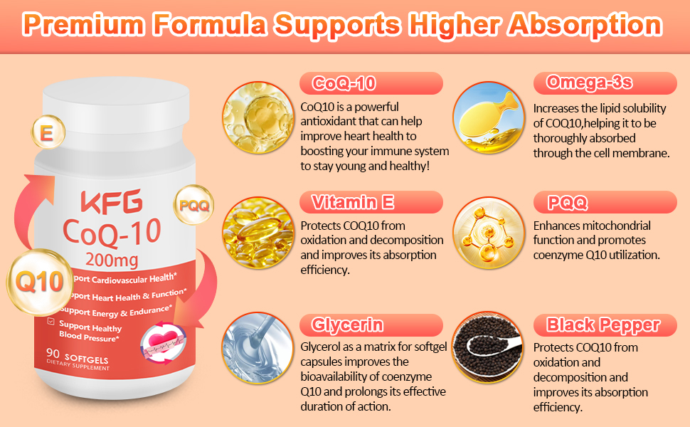 KFG CoQ10 200mg Softgels, Coenzyme Q10 Supplements Support Heart Health, Cardiovascular Health, Immune System & Cellular Energy Production, Gluten Free