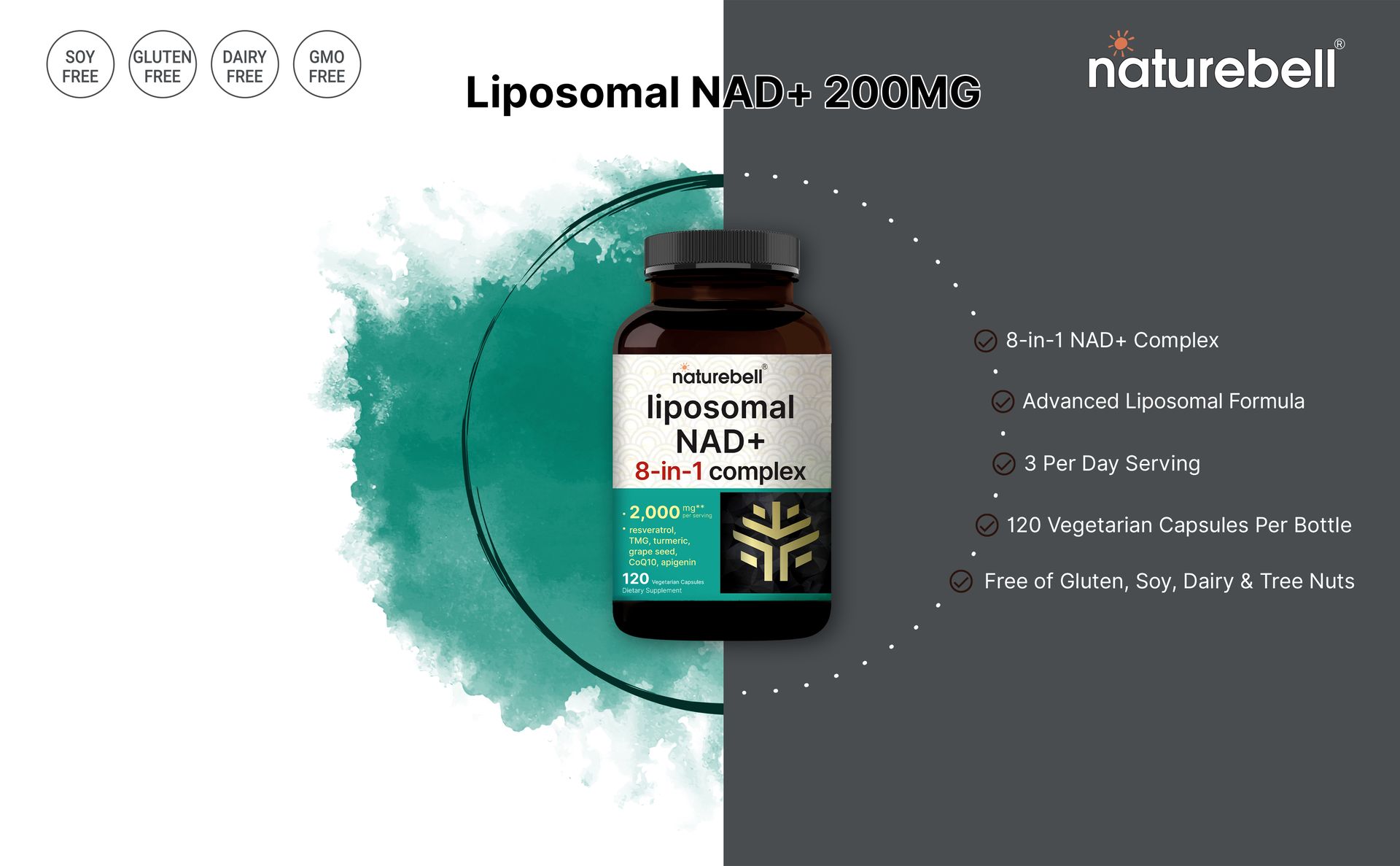 NatureBell Liposomal NAD+ 8-in-1 Complex 2000mg** Per Serving, 120 Vegetarian Capsules – NAD Resveratrol Supplement with TMG, CoQ10, Turmeric, Grape Seed & Apigenin – Non-GMO, cGMP Manufactured
