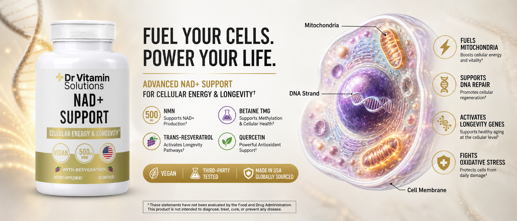 NMN NAD+ Supplement 500mg 4-in-1 with Resveratrol, Cellular Energy