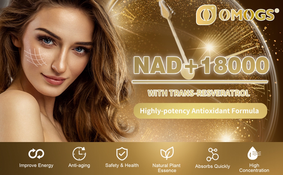 OMOGS NAD+ 300 mg + Trans-Resveratrol 200 mg, Pure NAD Supplement, Max Absorption, Boosting Supplement for DNA Repair, Healthy Aging, Cellular Energy & Longevity, 60 Capsules