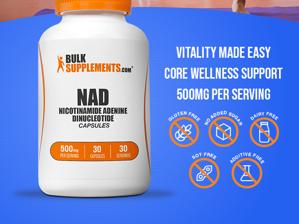 BulkSupplements.com NAD Capsules - Nicotinamide Adenine Dinucleotide, NAD Supplement 500mg - for Energy Support, Pure & Gluten Free, 1 Capsule per Serving, 30 Capsules (Pack of 1)