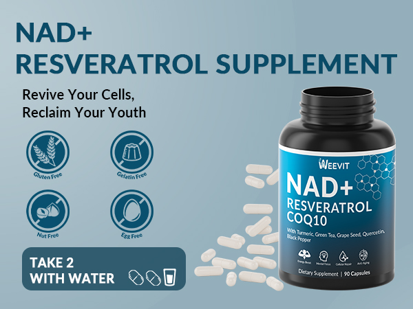 NAD+ Resveratrol Supplement, NAD Supplement w/COQ10, Quercetin, Turmeric