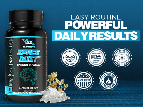 GALACTIC SUPPS Space Dust All-Natural Nootropic Brain Supplement for Focus, Energy, Memory & Mood with Caffeine, L-Theanine, TeaCrine, L-Tyrosine, Mucuna & Lutein – 60 Capsules
