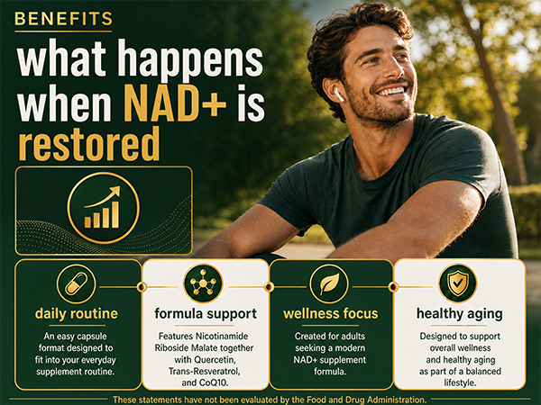 NAD+ Supplement, 1200mg Per Serving, Nicotinamide Riboside Malate with Trans-Resveratrol, Quercetin & CoQ10, Daily Supplement Formula, 120 Veggie Capsules, 60 Servings