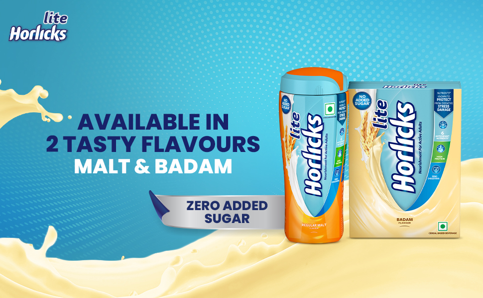 Horlicks Lite 450g, Energy for Active Adults | High Protein, No Added Sugar, 24 Vital Nutrients | Badam Flavor