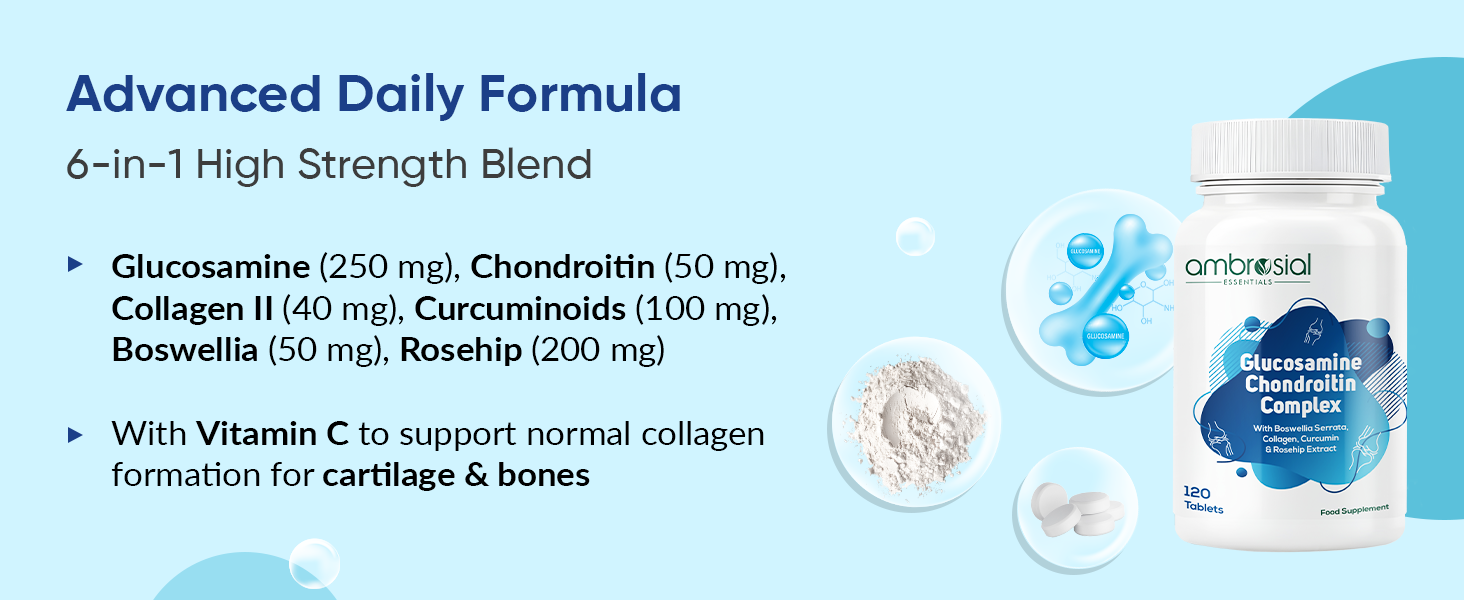 Ambrosial Glucosamine Chondroitin Joint Care Supplement with Curcumin, Collagen, Boswellia & Rosehip Extracts | High Strength Glucosamine Chondroitin for High Mobility & Flexibility | 120 Tablets