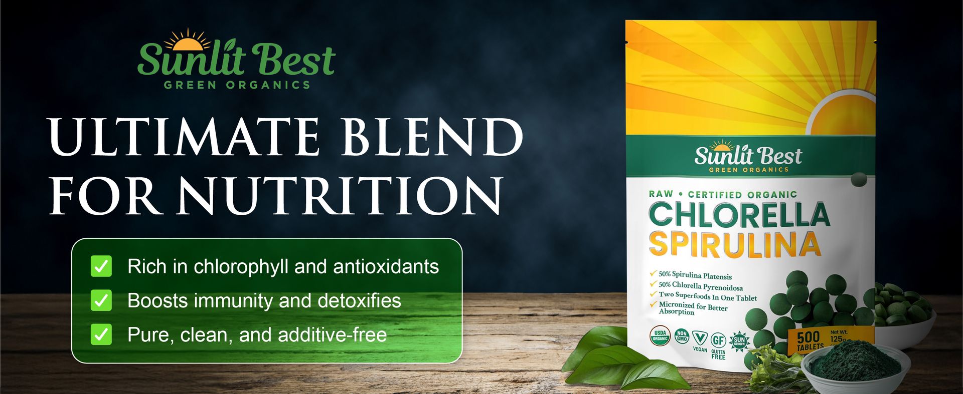 Sunlit Best Organic Chlorella Spirulina Tablets, Green Algae Pills, 500 CT