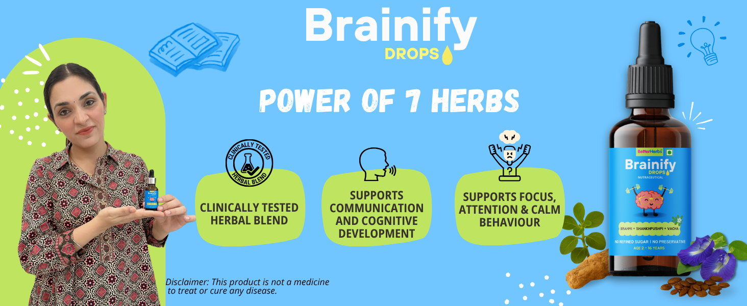 Brainify Drops for Kids | 2-16 Years | 30ml | Brahmi + Shankhpushpi + Vacha | 7 Time-Tested Natural Herbs Formulation | No Added Sugar & Preservatives