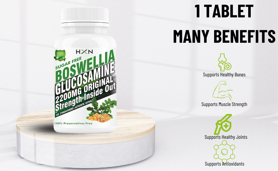 HXN Glucosamine Joint Support Supplement for Knee & Joint Pain Relief – with Boswellia Serrata (Shallaki), Chondroitin, MSM, Collagen Type 2 – 60 Vegetarian Tablets, Sugar & Gluten Free