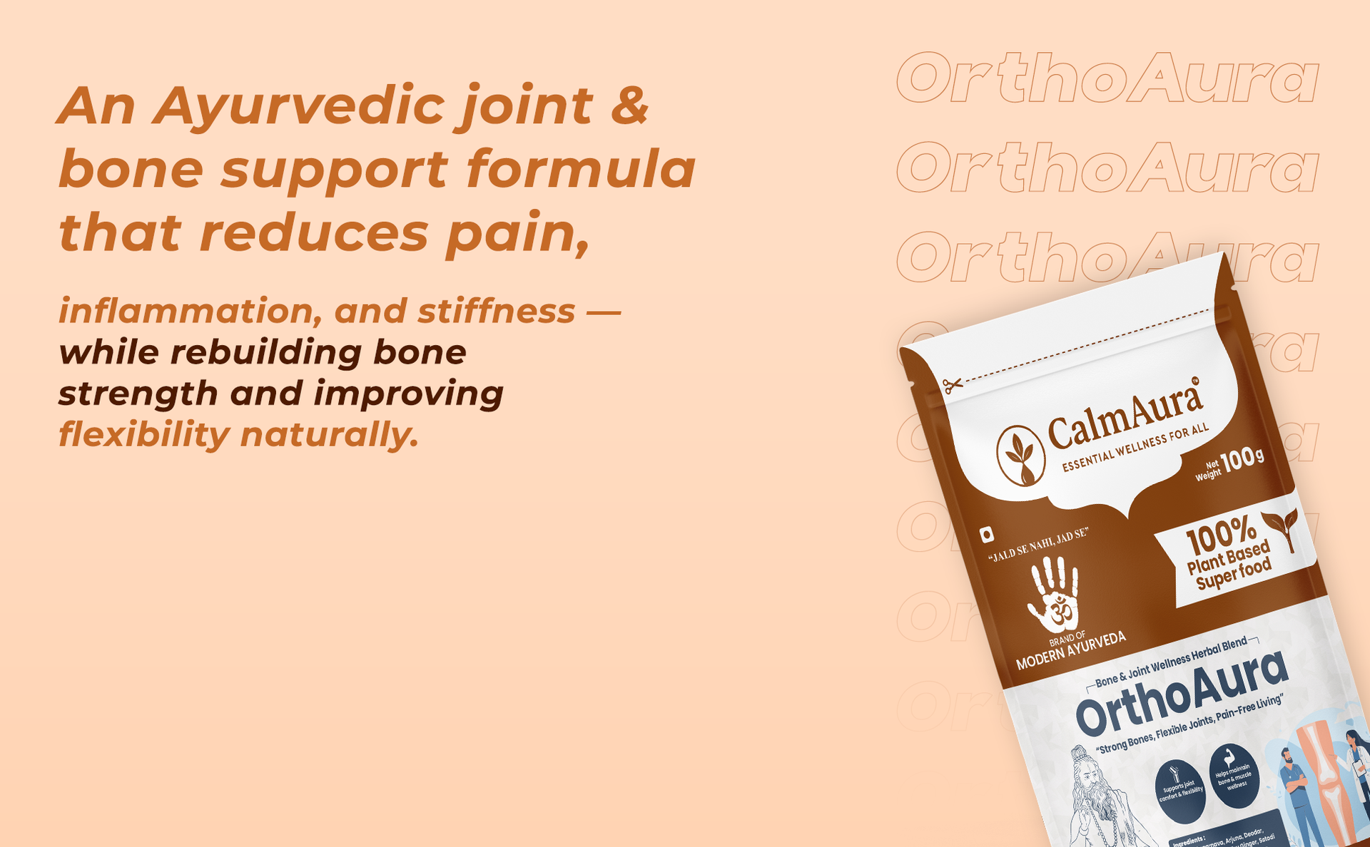 CalmAura OrthoAura Ayurvedic Bone & Joint Support Powder 100g | Herbal Joint Pain Relief, Arthritis Care, Bone Strength & Mobility Formula with Hadjod Punarnava Shallaki | Vegan