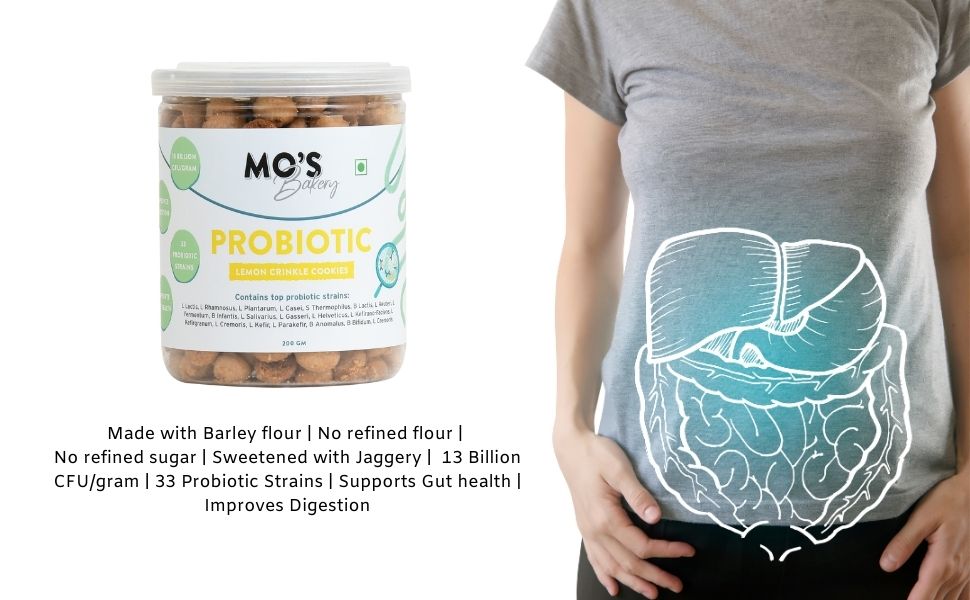 Mo's Probiotic Cookies, 150 G | Lemon Crinkle Cookies | Probiotic Supplement With 13 Billion CFU | 33 Probiotic Strains | Improve Digestion & Gut Health | Acidity Relief | Probiotics for Women | Snack Supplement