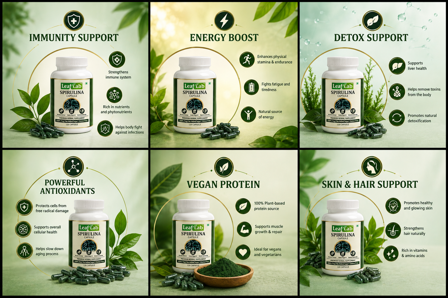LeafLab Spirulina Capsules 2000mg Per Serving – 120 Veg Capsules | Natural Green Superfood for Energy, Immunity & Detox | Plant Protein, Iron & B12 For Men And Women | No Fillers, Vegan, Gluten-Free