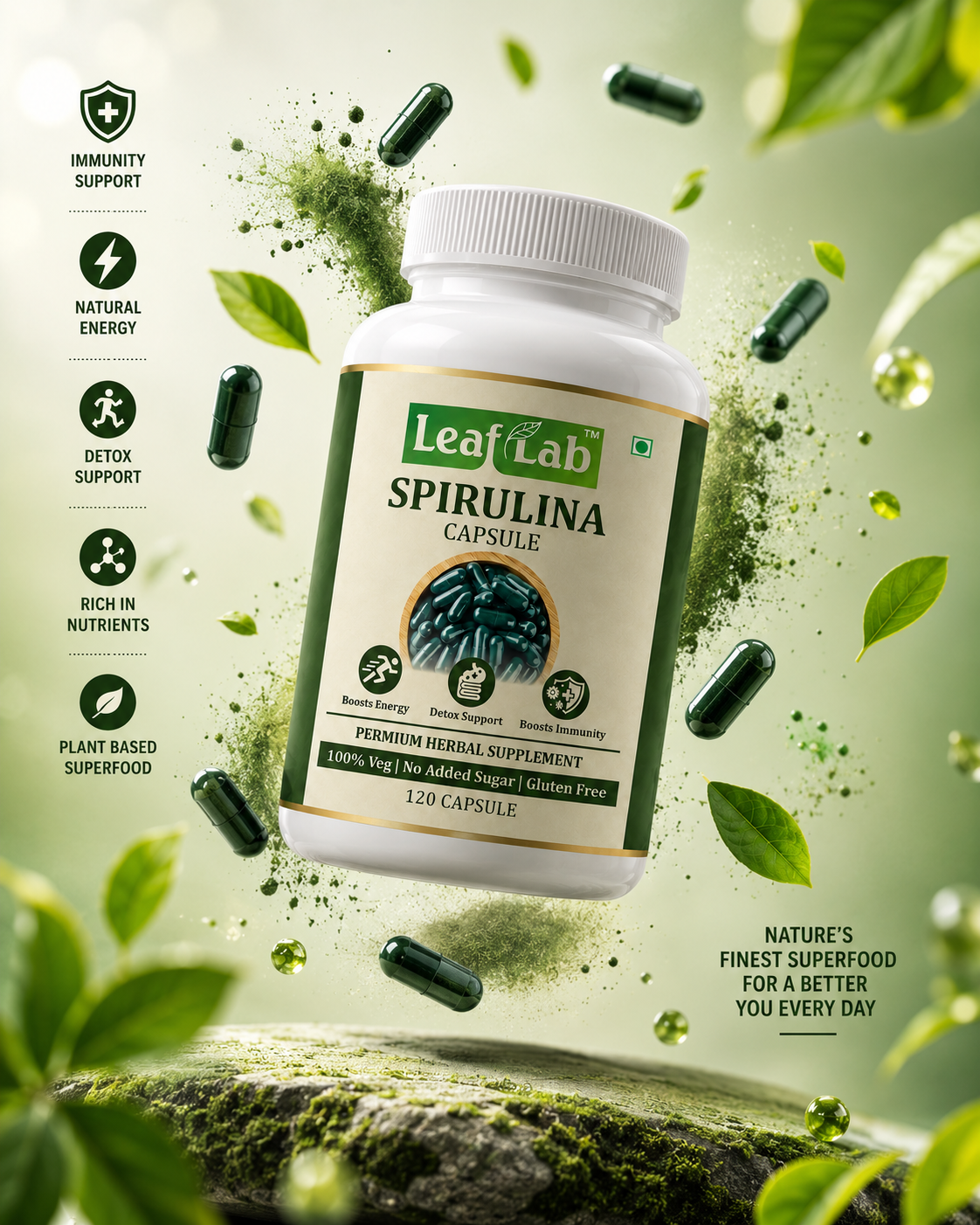 LeafLab Spirulina Capsules 2000mg Per Serving – 120 Veg Capsules | Natural Green Superfood for Energy, Immunity & Detox | Plant Protein, Iron & B12 For Men And Women | No Fillers, Vegan, Gluten-Free