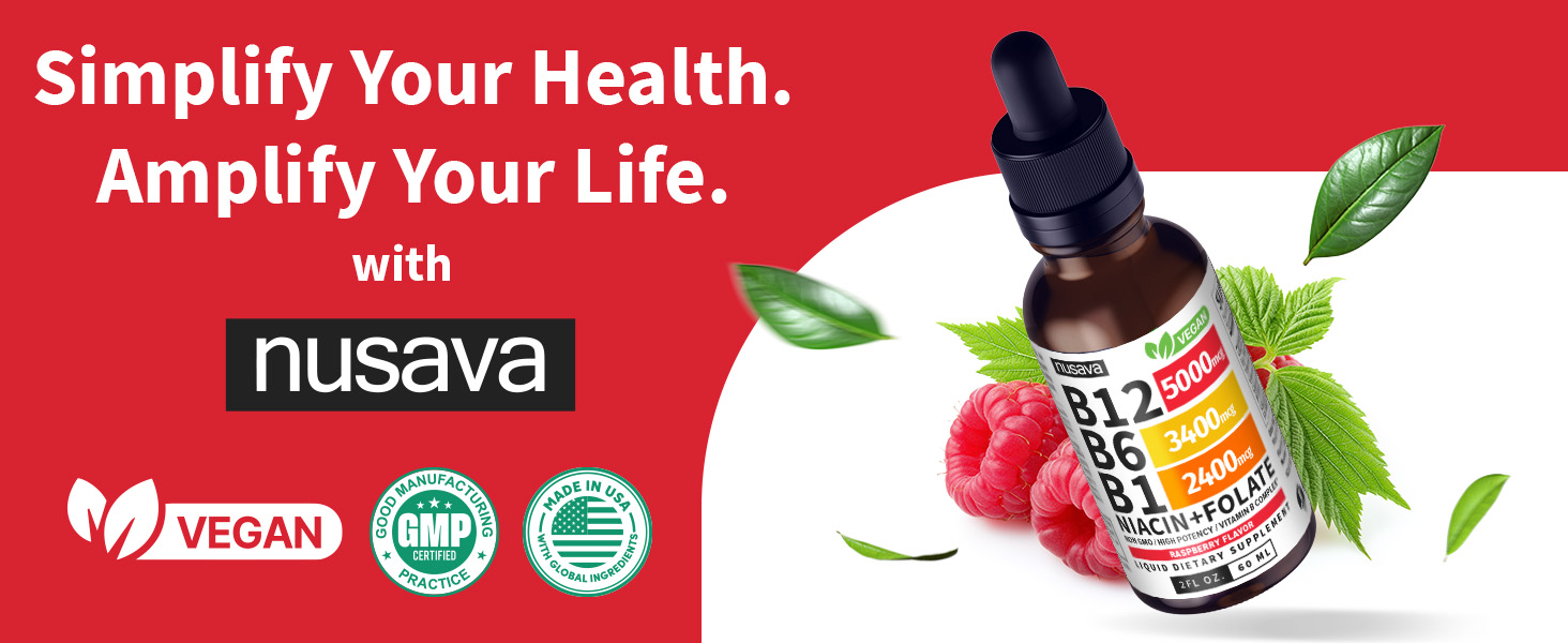 NUSAVA Vitamin B12 5000mcg with B6 & B1 Liquid Drops, Raspberry, Pack of 2