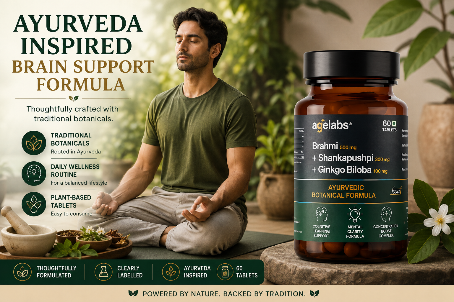 Brahmi 500 mg + Shankhpushpi 300 mg + Ginkgo Biloba 100 mg | Supports Cognitive Health, Focus & Mental Clarity | 60 Vegetarian Tablets