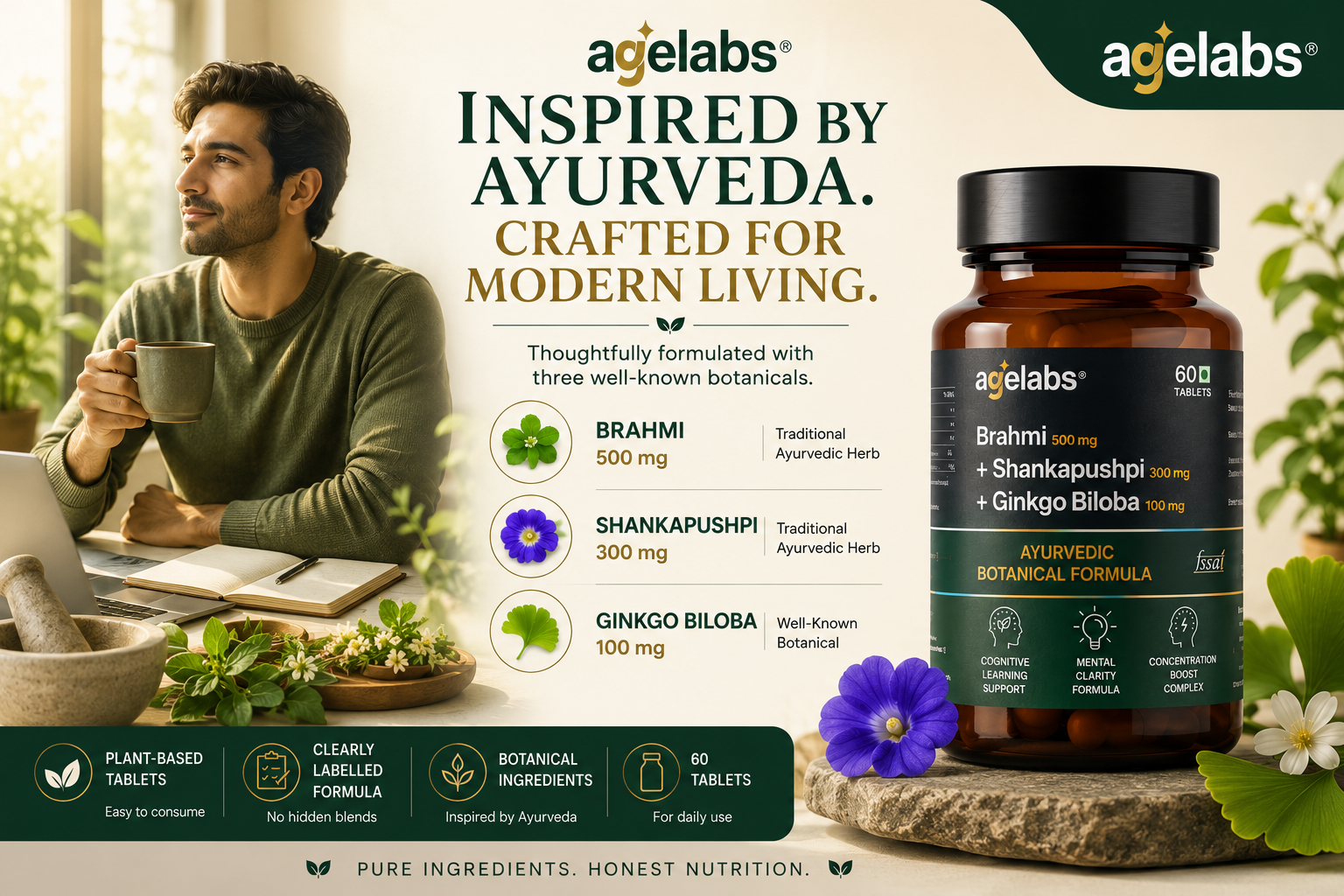 Brahmi 500 mg + Shankhpushpi 300 mg + Ginkgo Biloba 100 mg | Supports Cognitive Health, Focus & Mental Clarity | 60 Vegetarian Tablets