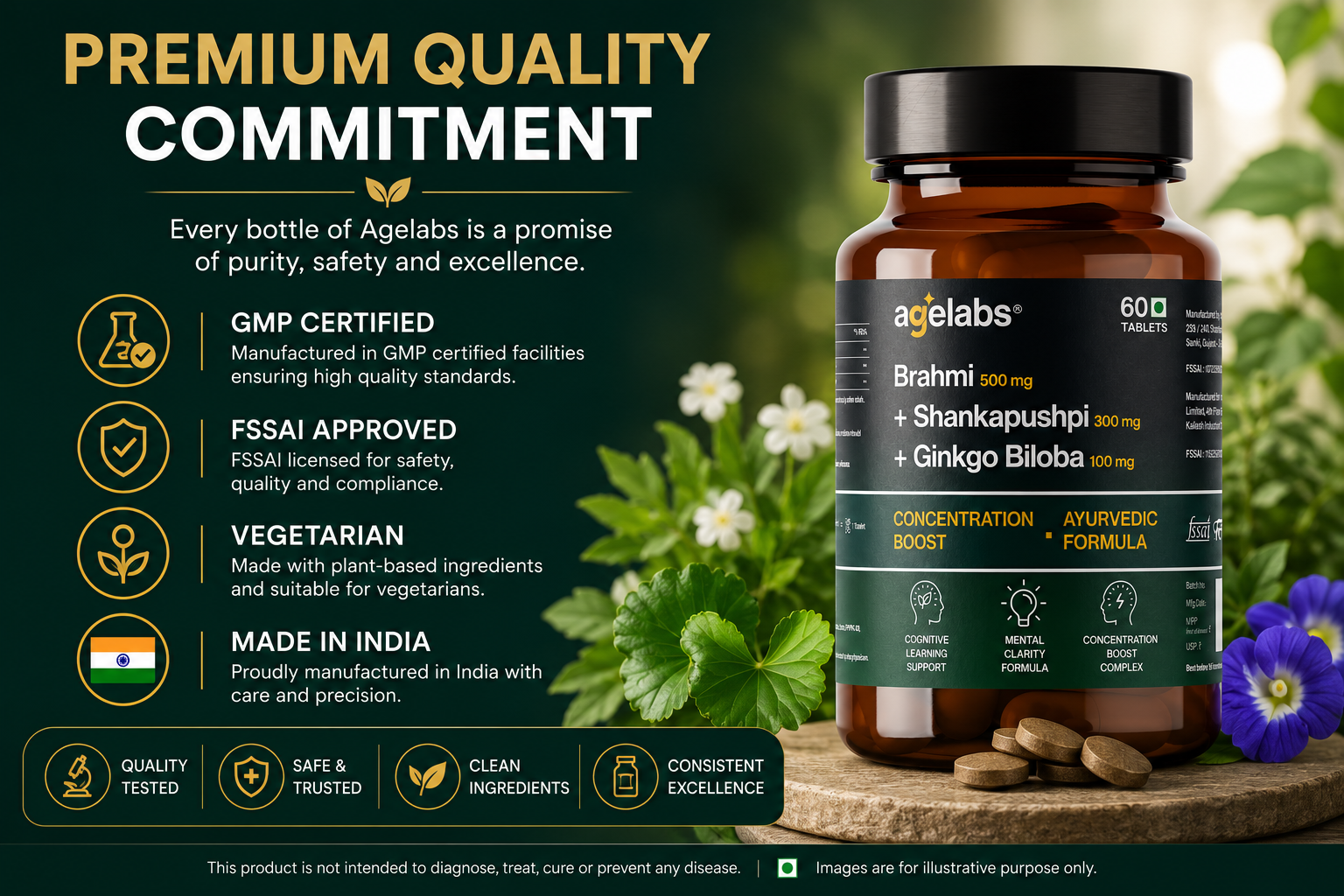 Brahmi 500 mg + Shankhpushpi 300 mg + Ginkgo Biloba 100 mg | Supports Cognitive Health, Focus & Mental Clarity | 60 Vegetarian Tablets