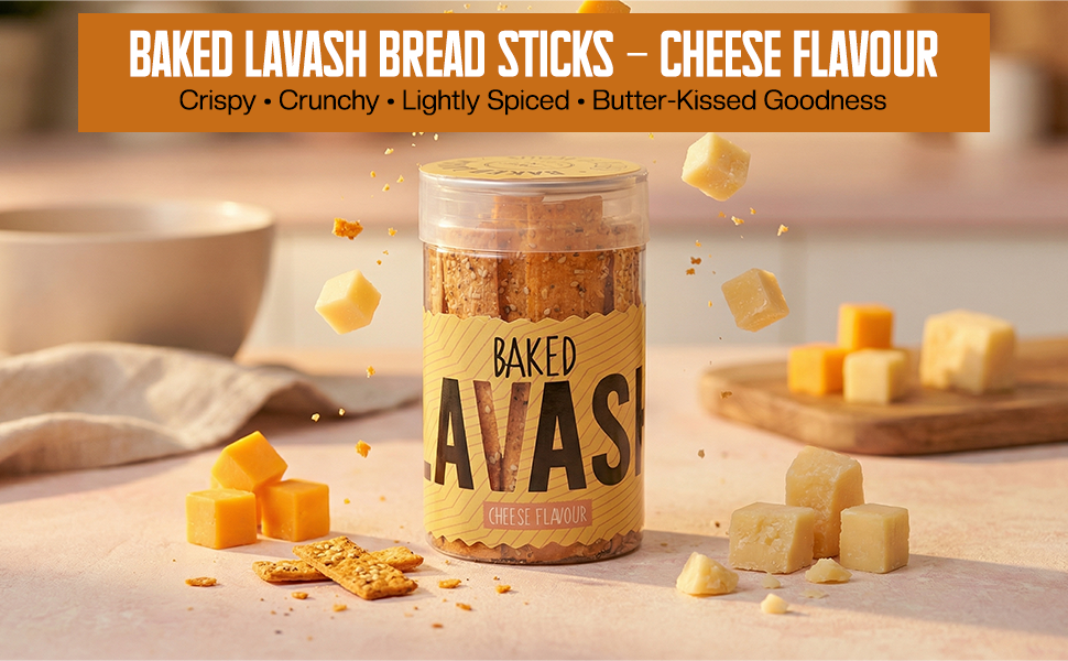 Unwrap Happiness Baked Lavash Bread Stick Cheese Flavour | Baked Snack Crackers | A Flavorful Crunchy, Crispy, Spicy Long Chips | Butter (5.1%) | High Protein Low Trans Fat On The Go Snack | 100 Grams