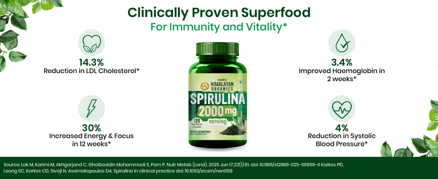 Vlado's Himalayan Organics 100% Spirulina Capsules - 2000mg - Supports Energy, Immunity & Detox - Certified I Green Superfood I Natural Sources Spirulina - 120 Veg capsules
