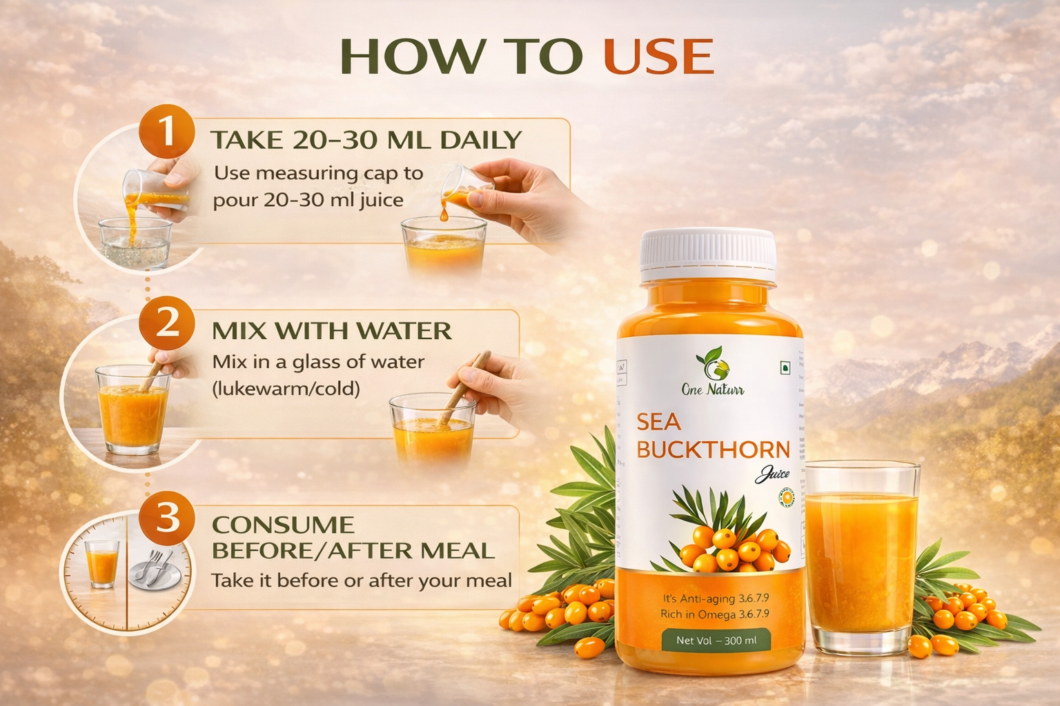 One Naturr - Sea Buckthorn Juice, Himalayan Berry Juice - 300ml, Anti-aging, Rich in Omega 3 6 7 9, Orange, Liquid Form, Gluten Free (Pack of 2, 300ml each)