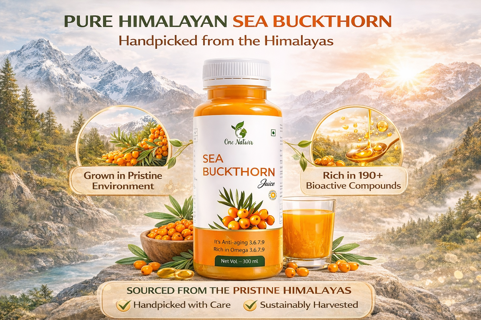 One Naturr - Sea Buckthorn Juice, Himalayan Berry Juice - 300ml, Anti-aging, Rich in Omega 3 6 7 9, Orange, Liquid Form, Gluten Free (3, 900 ml)