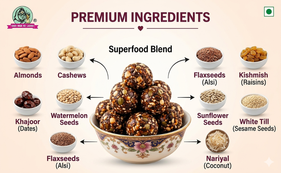 Khajoor Nuts & Seeds Laddu with Almonds, Cashew, PumpkinSeeds, WatermelonSeeds, SunflowerSeeds & Kishmish | Healthy Sugar-Free Energy Bites & Dry Fruit Ladoo (180g)