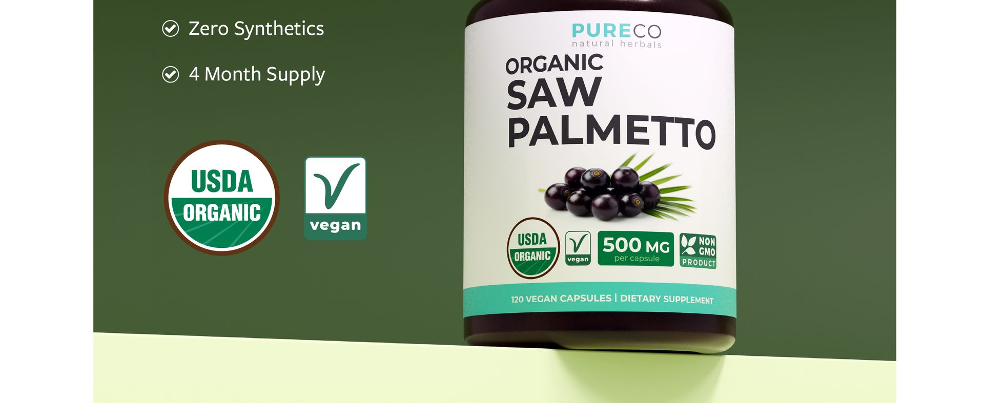 PURE CO USDA Organic Saw Palmetto Supplement - Organic Saw Palmetto for Women & Men's Urinary Tract Prostate & DHT Blocker for Women - Whole Berries - Vegan Non-GMO & Lab Verified (4 Month Supply)