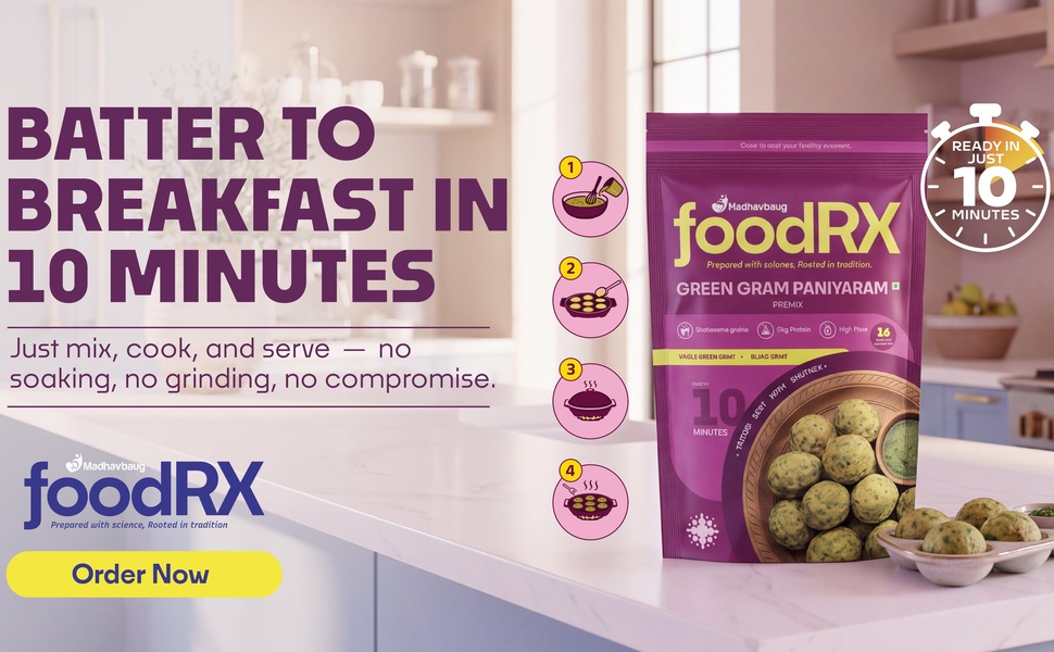 FOODRX Green Gram Paniyaram Mix – Made with Low Glycaemic Green Gram | Rich in Plant Protein & Dietary Fibre | Healthy, Light & Nutritious Ready-to-Cook Snack (Pack of 3, 200gm Each)